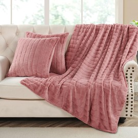 Home Soft Things Rabbit Faux Fur Throw Blanket (60" x 80") and 2 Pillow Covers (18" x 18")，3 Piece Ash Rose Throw Pillow Set，Decorative Throw Blankets for Couch Bed Living Room