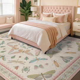 Hazo Haus Cute Rugs for Bedroom Girls - Pink Living Room Rugs 8X10, Dining Room Table, Washable Pastel Flower Insect Print Whimsical Décor