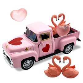 Valentine’s Day Truck Decor with Hearts, Vintage Love Romantic Tiered Tray Decor Mini Metal Truck Diecast Pickup Car Model for Shelf Table Home Gift Valentine’s Day Ornaments Festival Decoration -A