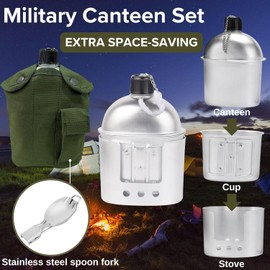 BeGrit Military Canteen Army Canteen WWII US G.I. Style Canteen Kit with Aluminum Cup Stove Stainless Steel Spoon Fork for Backpacking Camping