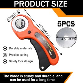 Cutter per Tessuti 45 mm con Impugnatura Confortevole e 5 Lame di Ricambio, Ondulato e Perforato - Cutter per Stoffa e Carta - Rotella Taglia Stoffa - Taglierino Rotante
