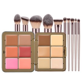 Makeup Cream Contour Palette, 12 Colours Concearler Full Coverage & Makeup Brush Set Contour Concearler Palette Contouring Face Make Up Gift for Women Girls