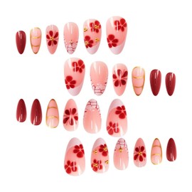 YOLEZI Flower Press on Nails Medium Almond Fake with Brown Floral Rhinestone Designs Stick Glossy Reusable Artificial Acrylic Full Cover False for Women Manicure 24 Pcs (Brown-38, Nails-38)