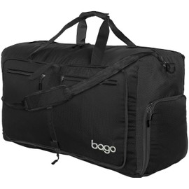 Bago Foldable Duffel Bags for Traveling Women & Men - 60L Medium Packable Duffle Bag for Travel with Shoe Compartment - Water Repellant, Heavy Duty, Lightweight Folding & Collapsible (All Black)