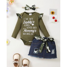 Kucnuzki Baby Girl Clothes 6-9 Months Green Long Sleeve Romper Camouflage Distressed Denim Skirt Jean Dress Cute Girl Clothes Infant Baby Girl Fall Winter Clothing