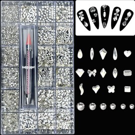 HINABTRU Clear Crystal Rhinestones for Nail Art-Silver Nail Gems Small Glass Diamonds Stone Flatback-Nail Crystals for Acrylic Nails-Nail Bling Charms Jewels with Wax Pen(Shaped+Round Gems)