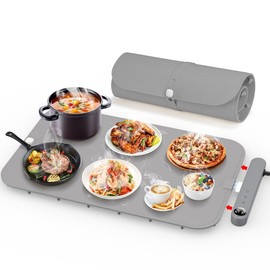 Megeo Food Warming Mat with Detachable Power Plug, Upgrade High-tech Graphene Heating, Fast Full Surface Electric Warming Tray with 6 Level Adjustable Temperature and 6 Hours Timer, Roll Up Food Warmers for Parties Buffet - Color: Grey