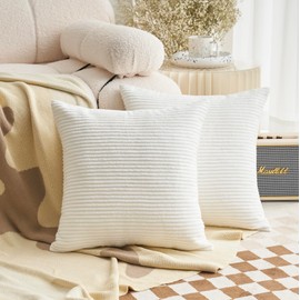 Demetex Cushion Covers 60cm x 60cm Modern White Striped Cushion Cases Large Square Corduroy Pillow Covers for Living Room Sofa Chair, 60x60 cm, Set of 2, White