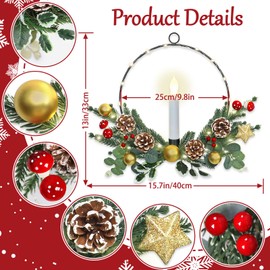Weldomcor 2Pack Christmas Wreath with LED Taper Candle Lights Pine Cones Berries, Artificial Plant Hoop Wreath Winter Xmas Decorations for Front Door Window Fireplace Home Wall Hanging Holiday Party