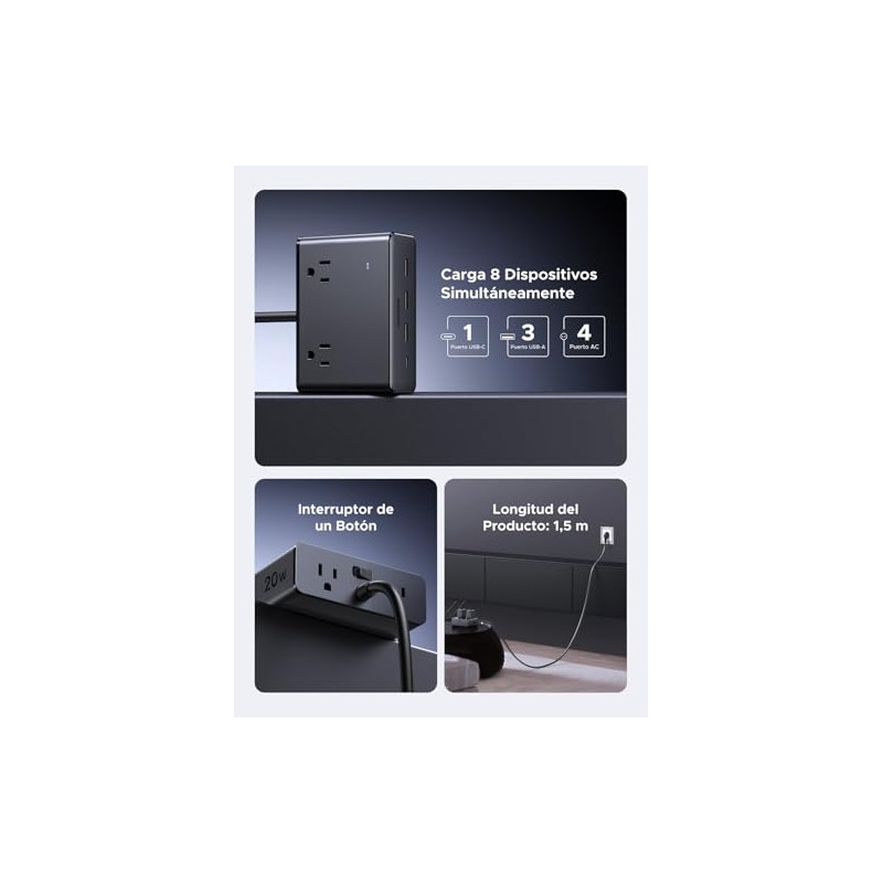 UGREEN Extensión Eléctrica USB C, 8 en 1 Regleta Multicontacto