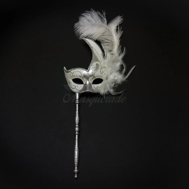 BeyondMasquerade Handheld Stick Venetian Masquerade Mask for Women Silver White M6131