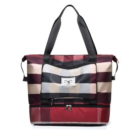 NWLR New Foldable Dry/Wet Separation Travel Duffel Bag with Shoe Compartment Large Capacity Folding Weekender Overnight Bag Lightweight Waterproof Gym Tote Bag (B-Red)