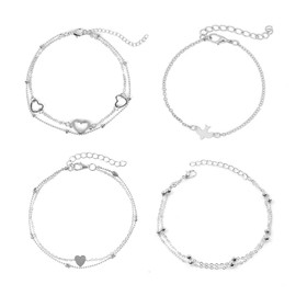 4 PCS Silver Anklet, Ankle Bracelets for Women Silver Ankle Bracelets for Women Adjustable Anklets,Double Layered Ankle Bracelet, Beach Anklet Foot Chains, Foot Jewelry Gift