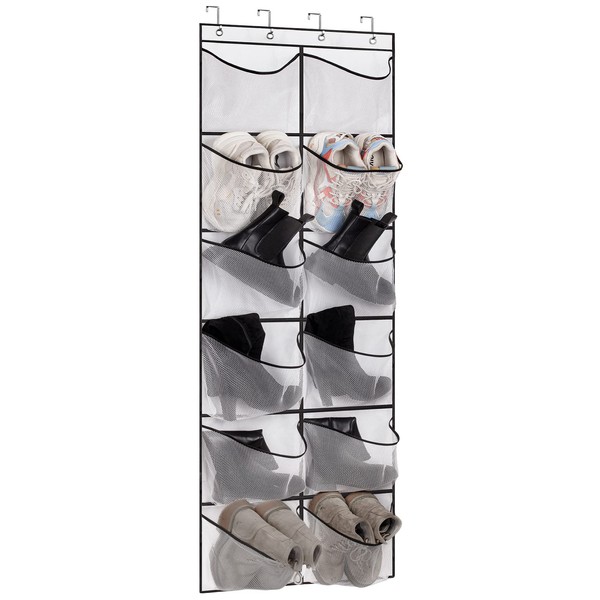 MISSLO Over Door Shoe Storage Organiser with 12 Large Mesh Pockets Organizer Boots Hanging Shoe Rack Holder, White