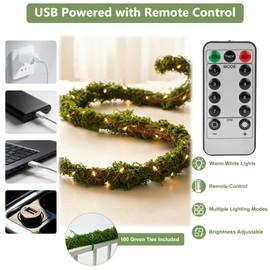 Lighted Moss Vine 2 Pack, 9.8 ft Bendable Artificial Vines with 10m USB Fairy Lights, Remote Control, 100g Moss and 100 Green Ties for Wedding Arch, Halloween, Christmas, Mantel and Window Decor