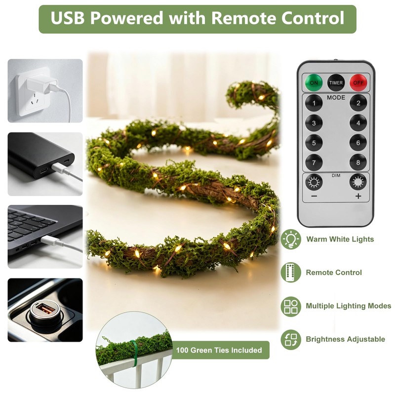 Lighted Moss Vine 2 Pack, 9.8 ft Bendable Artificial Vines