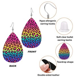 Rainbow Neon Leopard 80s Teardrop Earrings For Women, Dangle Earrings Jewelry For Women, Lightweight Faux Leather Earrings Gifts