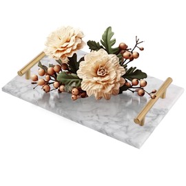 AMGSH Marble Tray, 11.8” x 7.9” Luxury Natural Marble Stone Tray with Copper-Color Metal Handles, Vanity Tray Perfume Tray Marble Cheese Board Kitchen Counter (Snow White)