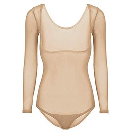 LinvMe Women's Mesh Sheer Chest Opened Belly Dance Bodysuit Nude Long Sleeve