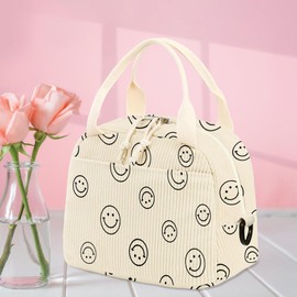 WOBAGMEN Lunch Bag for Women,Cute Corduroy Lunch Box Smiley Lunch Bag With Shoulder Strap for Adult,Large Lunch Tote Bag,Leakproof Cooler Lunch Case Reusable Insulated Lunch Box for Work Picnic Travel
