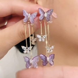 Butterfly Tassel Earrings for Women Butterfly Flower Purple Dangle Drop Earrings Zircon Ear Cuff Clip On Earrings for Women