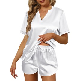 Ekouaer Pajamas Set Womens Satin Silk Loungwaer Set Short Sleeve Pj Shirts and Elastic Waistband Shorts Sleepwear White