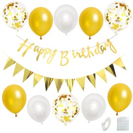 White Gold Birthday Decorations - Happy Birthday Banner Set with White Gold Confetti Latex Balloons for Men, Boys, Women and Girls Party Decoration