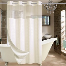 Conbo Mio Stall No Hook Shower Curtain with Snap in Liner Set, Hotel Luxury Beige Shower Curtains for Bathroom with See Through Top Window, Waterproof, Washable 54W x 74H