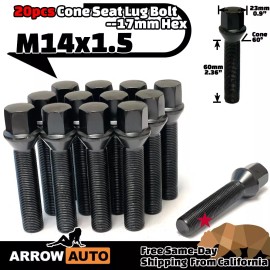 ARROW 20x Black 14x1.5 Lug Bolt 60mm Fit C300/GLA250&MB AfterMarketRim 30-35mm Spacer