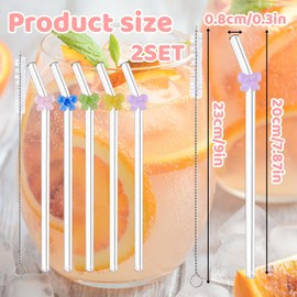 Glass Straws, Pack of 14 Reusable Glass Straws with Matching Motif, Ideal for Smoothies, Tea, Juice and Milkshakes, Includes 2 Cleaning Brushes, 20 cm Length