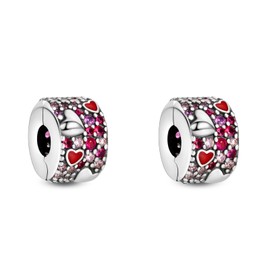 Annmors Clip Stoppers 925 Sterling Silver Charms fit Bracelets Necklaces Pink Pavé Clip Beads with 5A Cubic Zirconia Christmas Valentine Mother's Day Gift Charms for Women packs of 2