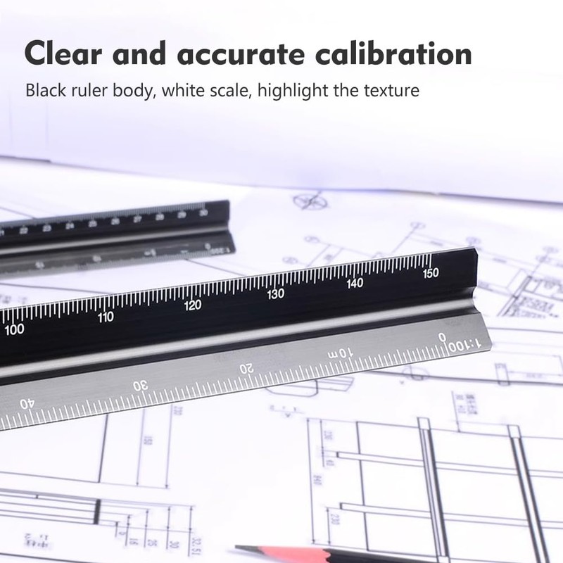 Aluminum Architectural Scale Ruler, Drafting Ruler, Precision 12" Triangular Drafting