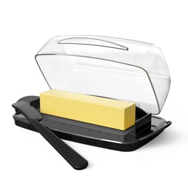 Butter Dishes with Lid for Countertop Refrigerator, Plastic Butter Dish Clear Flip Top Lid Butter Container with Spreader, Non-Slip Bottom Butter Holder Keeper (Transparent Cover Black)