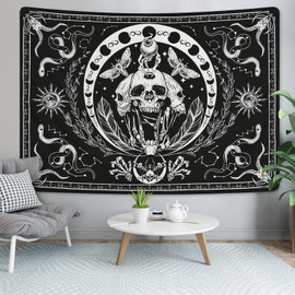 Yugarlibi Skull Tapestry Aesthetic Sun and Moon Phase Skeleton Wall Hanging Snakes Moths Tapestry Galaxy Wall Art Wall Cloth Decor For Bedroom Living Room Black and White 210x150cm
