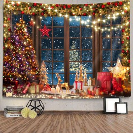 Winter Christmas Tapestry, Rustic Wooden Window Christmas Tree Tapestry for Bedroom, Night Woodland Snow Scene Outside the Window Tapestry Wall Hanging for Living Room College Dorm Decor, 80X60IN