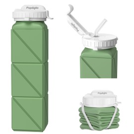 Popdigito Collapsible Water Bottles 20.7oz Leakproof with Straw Lid Food-Grade BPA-Free Silicone Travel Foldable Water Bottles for Sports Office Gym Hiking Driving 610ML (Type2 Army Green)