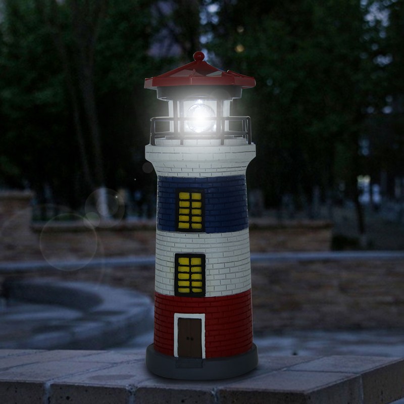 LED Solar Power Lighthouse Statue Rotating Outdoor Light Garden Yard