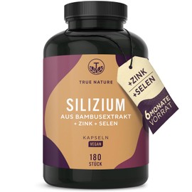 Silicon Capsules - 180 Pieces for 6 Months - High Dose - With Zinc & Selenium - Organic Silicon High Dose from Indian Bamboo Extract - 643 mg - Vegan TRUE NATURE