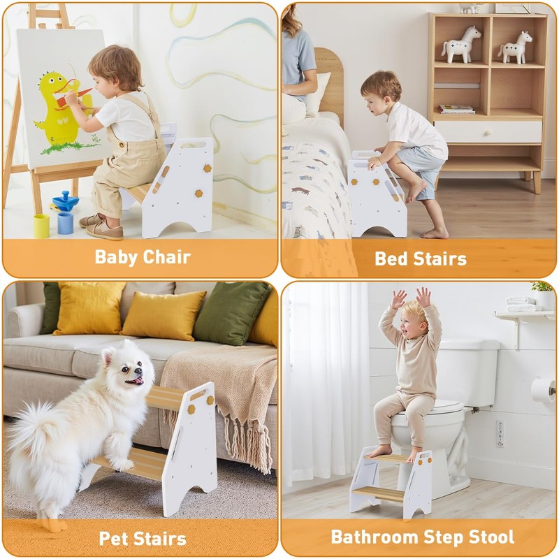 Toddler Step Stool, Wooden Height-Adjustable 2 Step Stool for Kids,