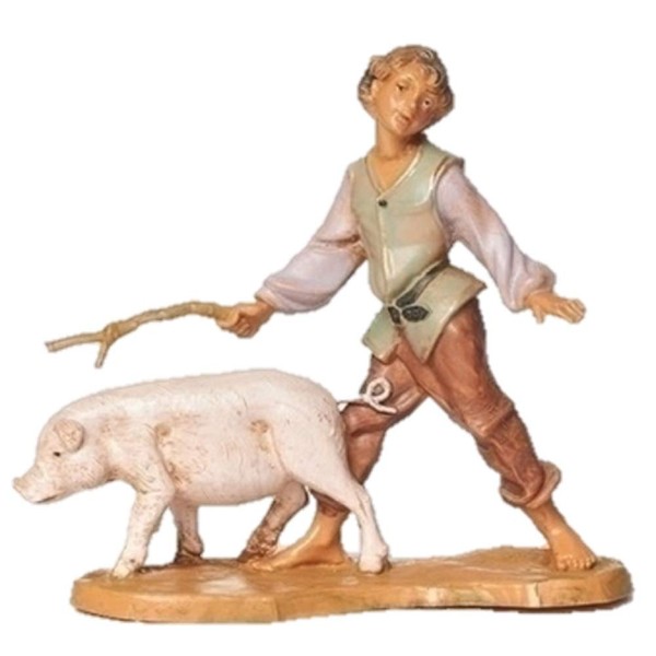 Fontanini de Roman Inc., 5(in), 12(cm) figurilla, 12CM Clement, Nino con Cerdo, Figura de Belén y Accesorios, Esculpidos y Pintados a Mano