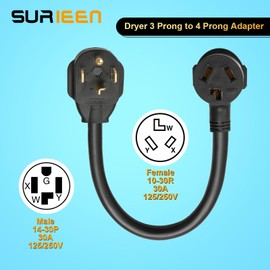 SURIEEN Dryer Plug Adapter, NEMA 14-30P Male to 10-30R Female, 3 Prong to 4 Prong Dryer Adapter Converter, Electric Dryers Adapters Plug STW 10AWG, 30Amp, 250V, 1.5FT