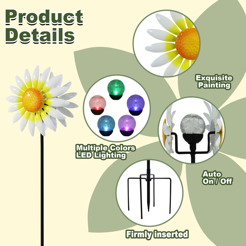 Decorative Metal Garden Daisy Wind Spinner, Decorative Garden Stakes, Daisy