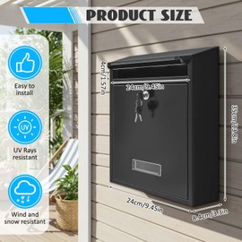 Yaocom Wall Mount Mailboxes for Outside 13.8 x 9.5 x 3.3 Inches Large Vertical Mailbox with Key Locking Outdoor Metal Steel Mail Drop Security Hanging Secure Postbox for Home Office School, Black