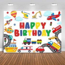 Fitumiw Transportation Birthday Backdrop 8x6ft Plane Train Car Sailboat Vehicle Birthday Party Decorations Background for Boys Traffic Banner Photo Booth Props