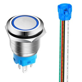 Gebildet 0.75 Inch/19mm Stainless Steel Momentary Push Button 12V-24V LED 1NO1NC SPDT ON Off Waterproof Button with Wire Socket Plug (Blue LED)