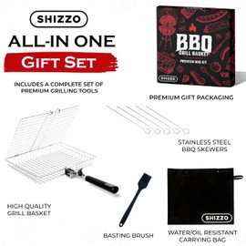 SHIZZO Grill Basket Set, Barbecue BBQ Grilling, Stainless Steel Folding Portable Outdoor Camping Rack for Fish, Shrimp, Vegetables, Cooking Accessories, Gifts for Dad, husband, Friends