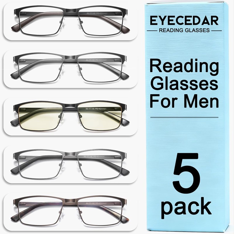 5-Pack Reading Glasses Men Metal Frame Spring Hinges with Computer
