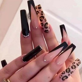 Hkanlre Coffin Press on Nails Long French Fake Bling Nails Acrylic Full Cover Leopard Print False Rhinestones Nails for Women and Girls 24PCS