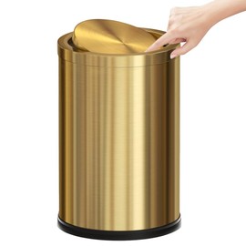 2.4 Gallon Brass Gold Bathroom Trash Can, Fancy Waste Basket Powder Room Bedroom, Elegant Modern Decorative Garbage Can for Restroom Office Hotel Kitchen (Gold Single Layer)