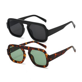 Retro Square Flat Top Aviator Sunglasses for Women Men (2 Packs Black/Black+Tortoise/Green)